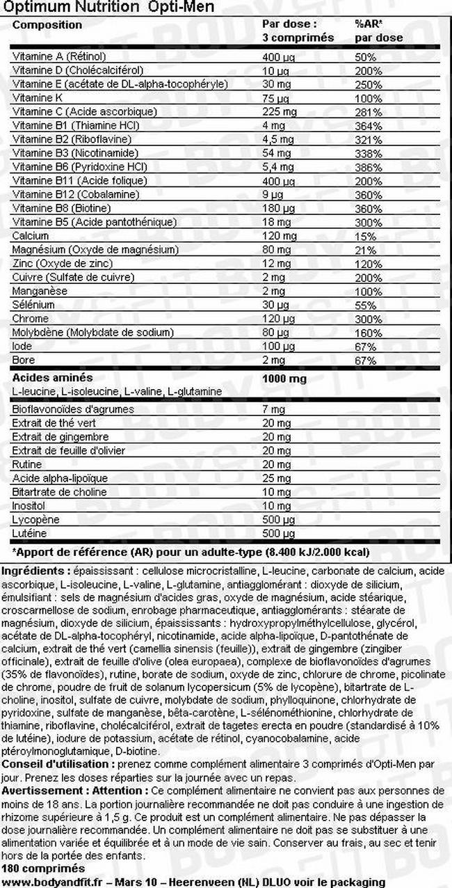 Opti-Men Nutritional Information 1