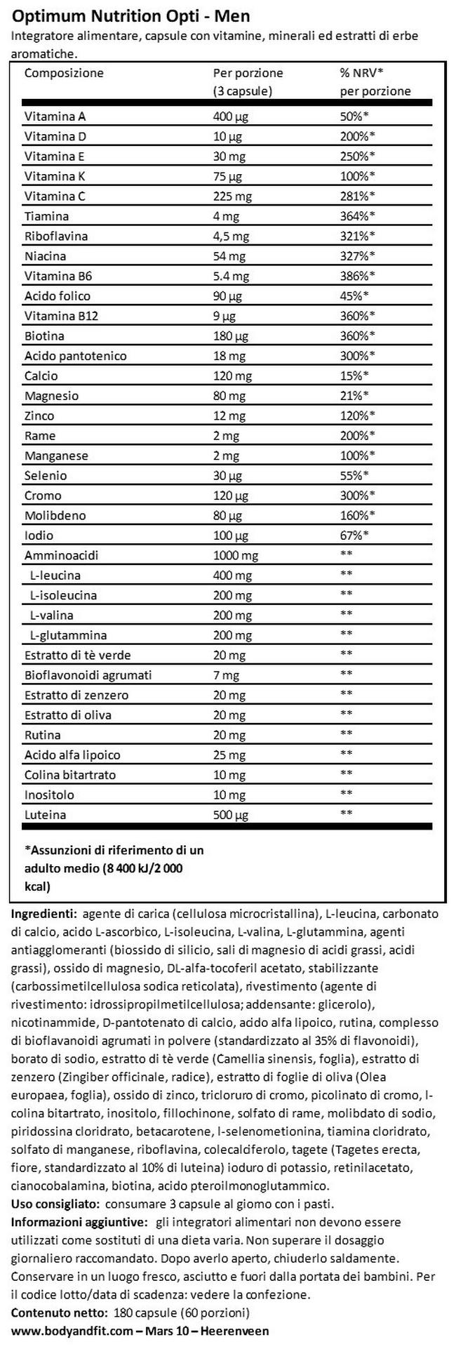 Opti-Men Nutritional Information 1
