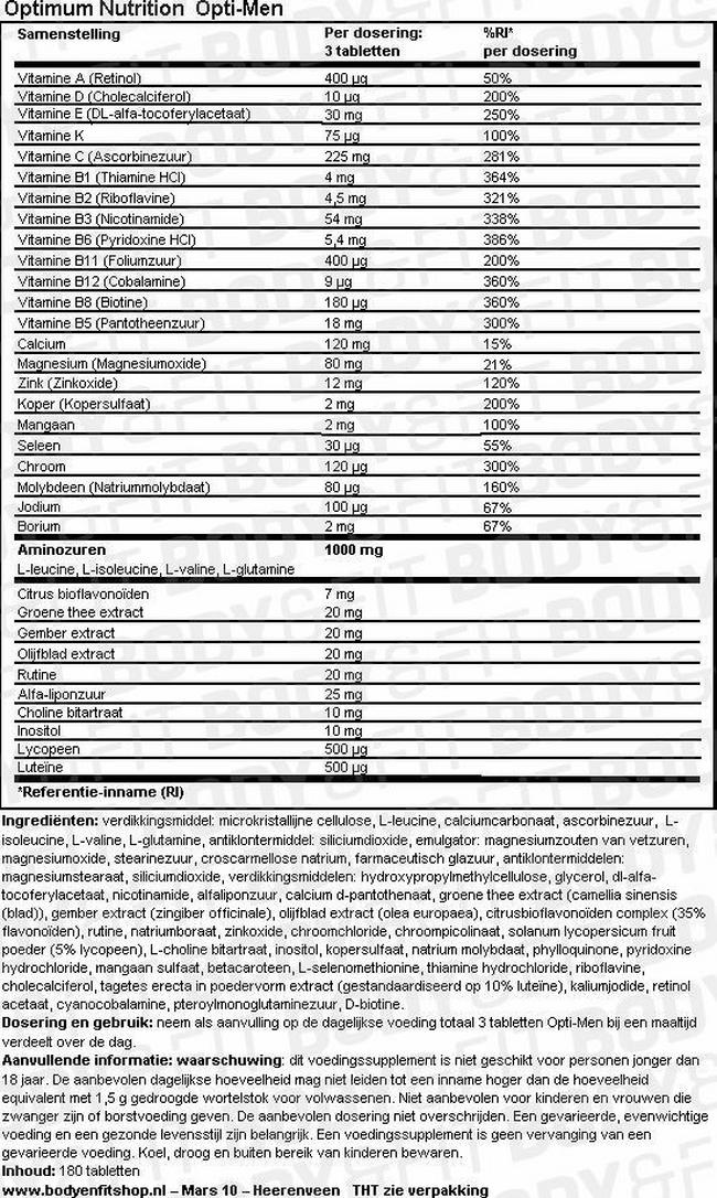 Opti-Men Nutritional Information 1