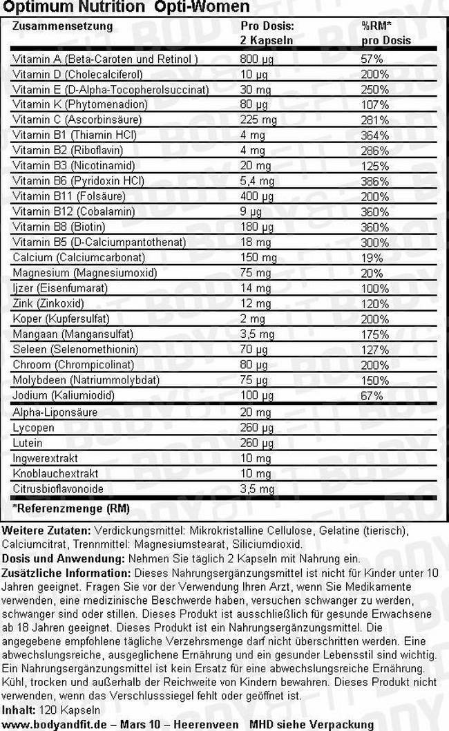 Opti-Women Nutritional Information 1