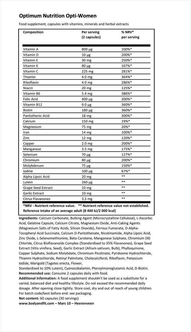 Opti Women Nutritional Information 1