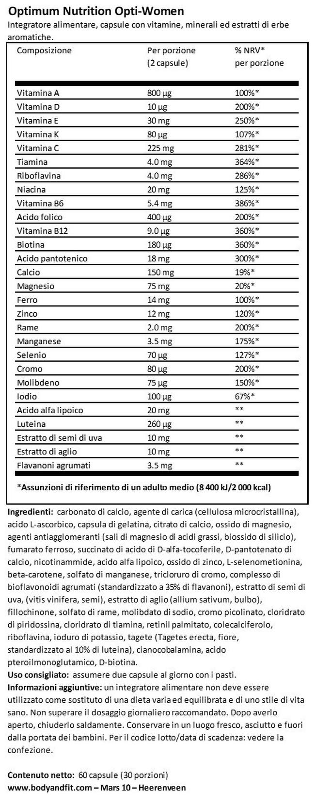 Opti Women Nutritional Information 1