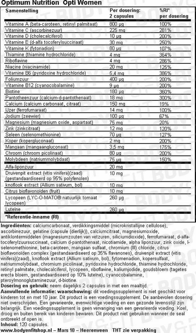 Opti-Women Nutritional Information 1