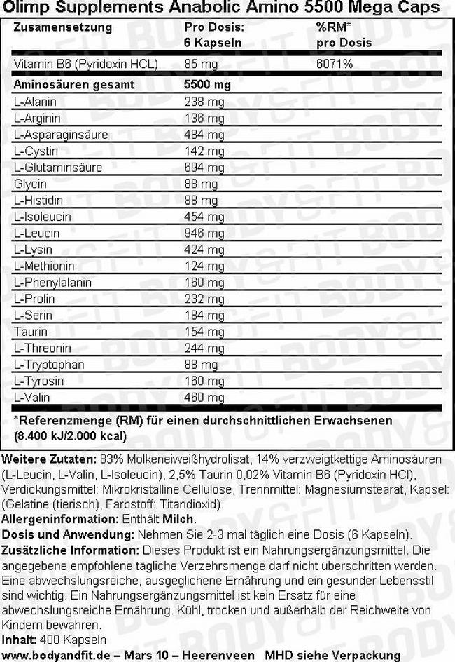 Anabolic Amino 5500 Mega Caps Nutritional Information 1