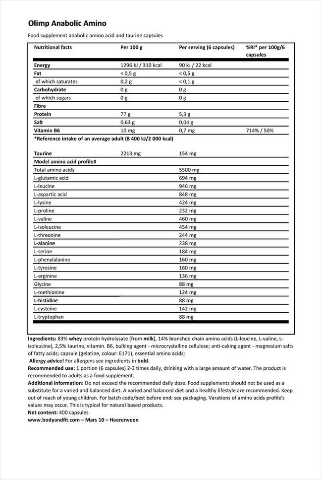 Gélules d’acides aminés Anabolic Amino 5500 Mega Caps Nutritional Information 1