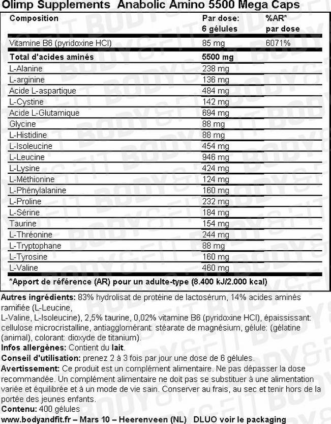 Gélules d’acides aminés Anabolic Amino 5500 Mega Caps Nutritional Information 1