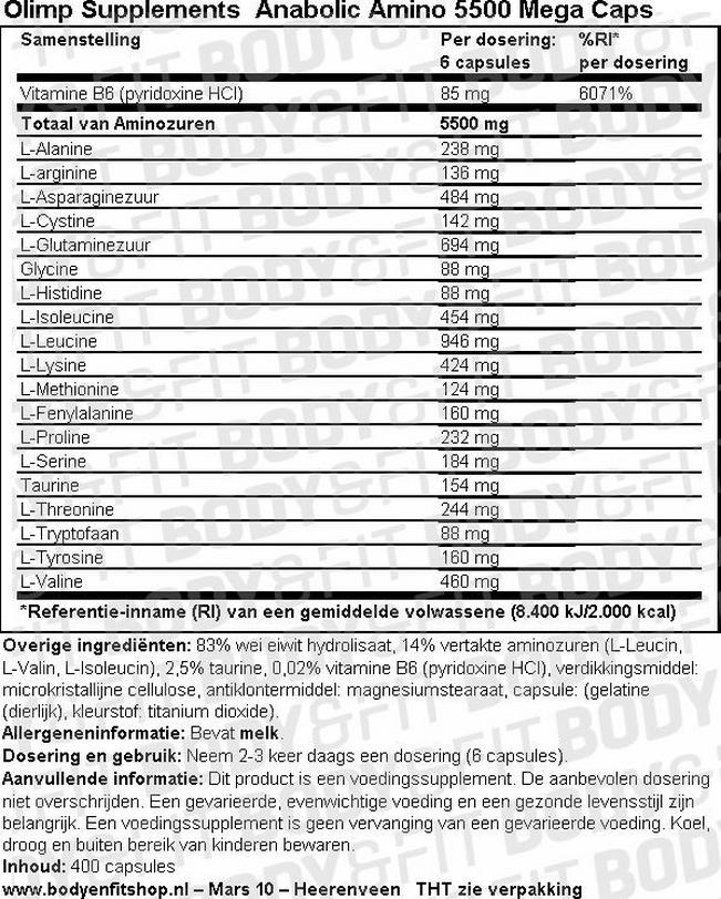 Anabolic Amino 5500 Mega Caps Nutritional Information 1