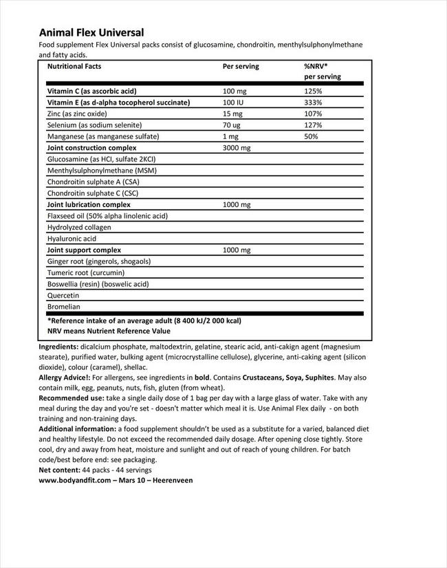 Animal Flex Nutritional Information 1