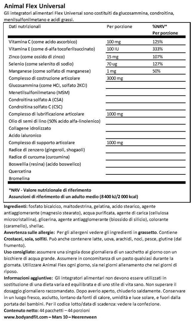 Animal Flex Nutritional Information 1
