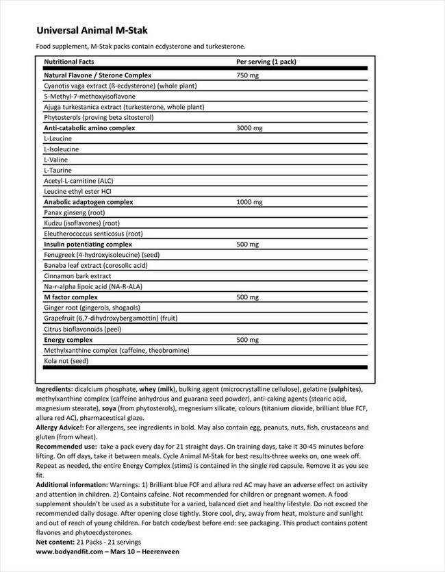 Animal MSTAK Nutritional Information 1