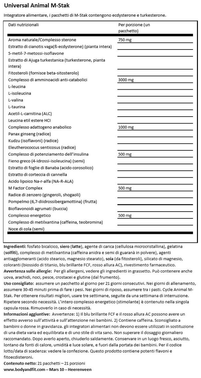 Animal MSTAK Nutritional Information 1