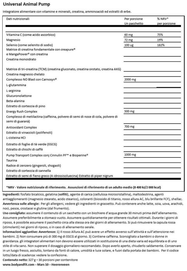 Animal Pump Nutritional Information 1