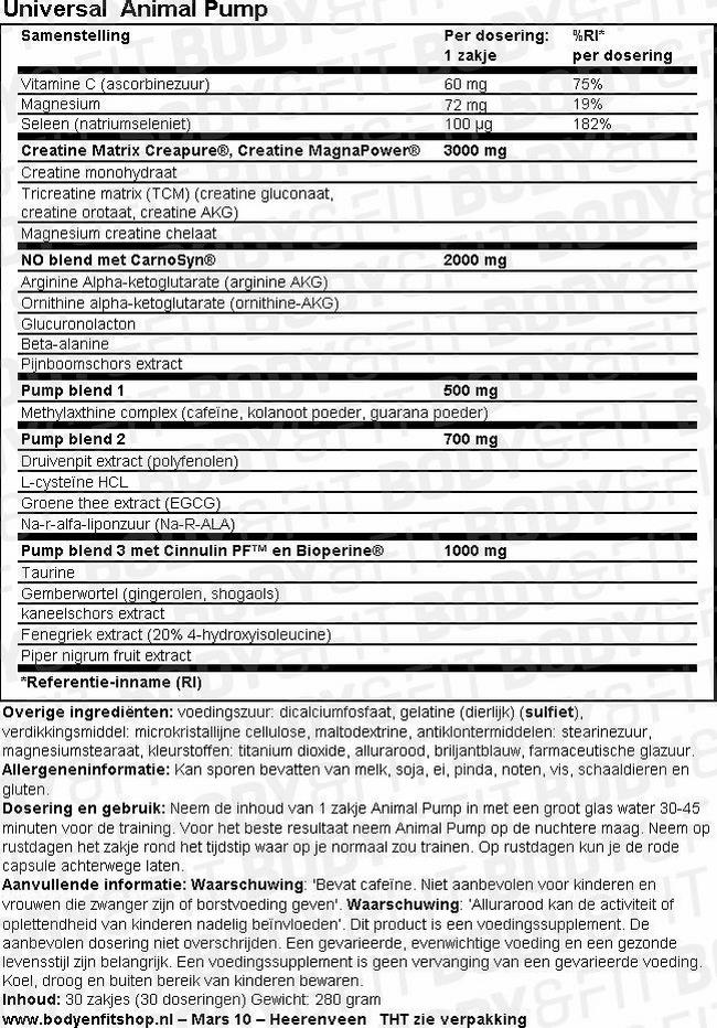 Animal Pump Nutritional Information 1