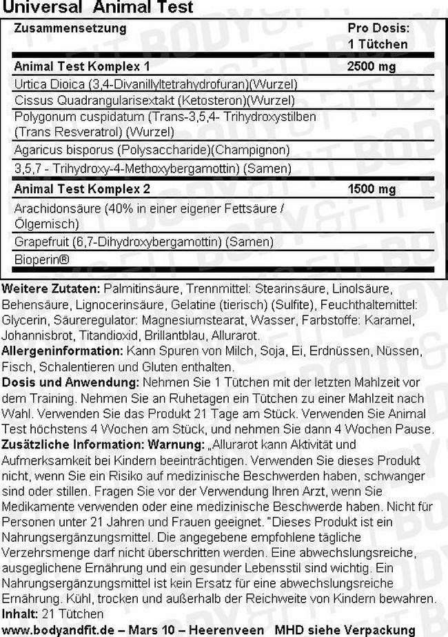 Animal Test Nutritional Information 1