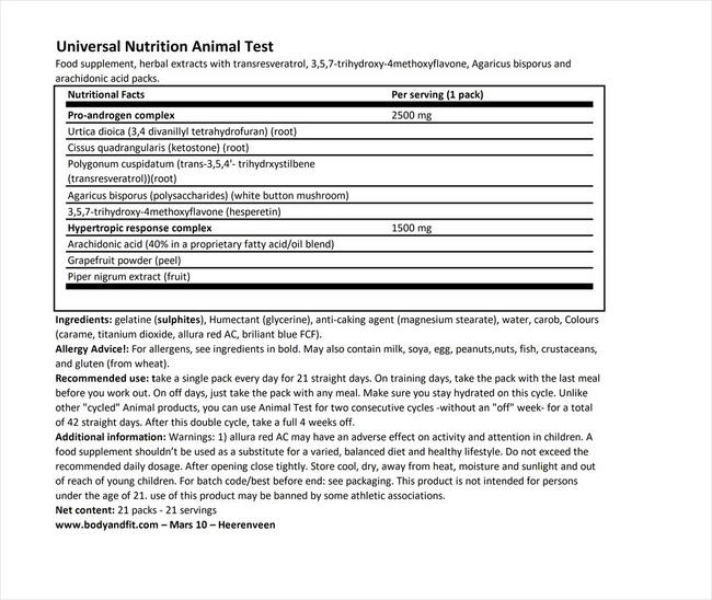 Animal Test Nutritional Information 1