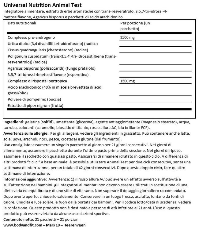 Animal Test Nutritional Information 1