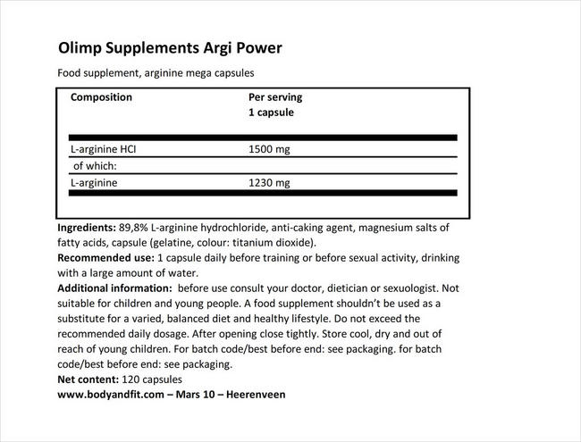 Argi Power Nutritional Information 1