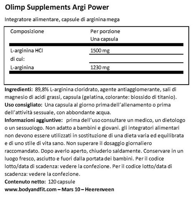 Argi Power Nutritional Information 1
