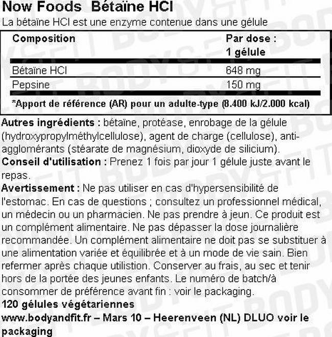 Gélules Bétaïne HCI Nutritional Information 1