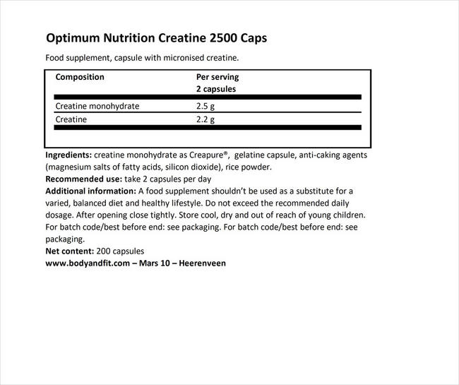 Creatine 2500 Caps Nutritional Information 1