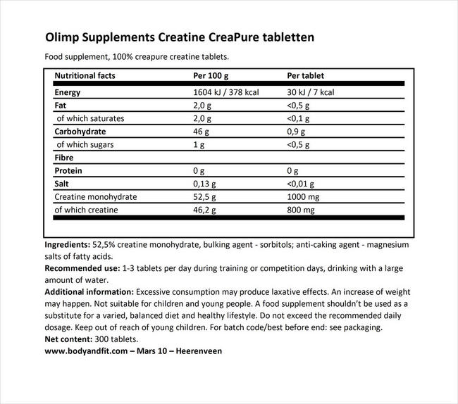 Creatine Creapure® Tablets Nutritional Information 1