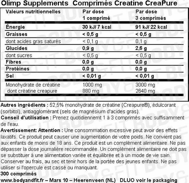 Comprimés de créatine Creapure® Nutritional Information 1