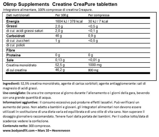 Creatine Creapure®  Tablets Nutritional Information 1