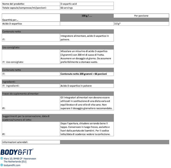Acido D-aspartico Nutritional Information 1