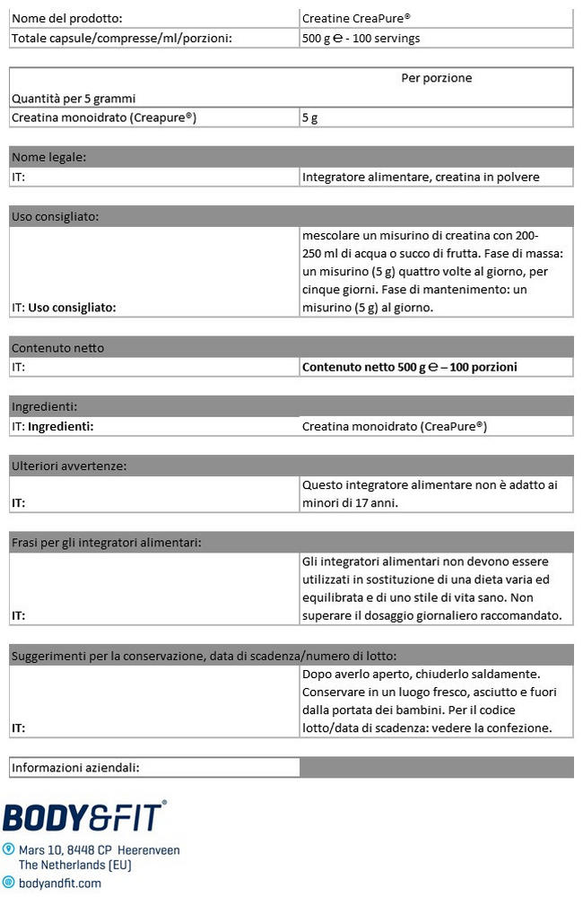 Creapure® Creatine Nutritional Information 1