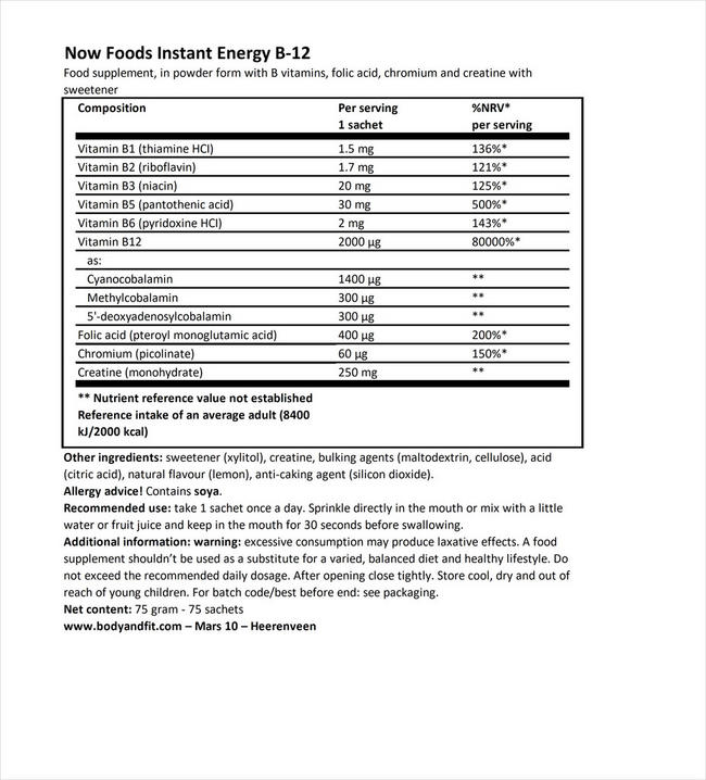 Instant Energy B12 Nutritional Information 1