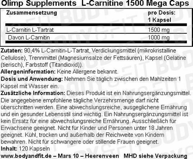 L-Carnitine 1500 Mega Caps Nutritional Information 1