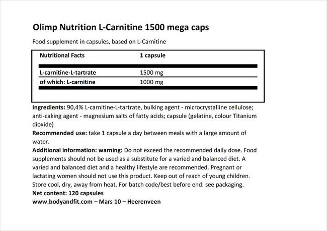 L-Carnitine 1500 Mega Caps Nutritional Information 1