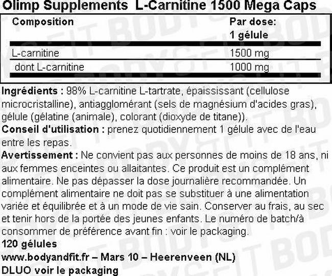 L-Carnitine 1500 Mega Caps Nutritional Information 1