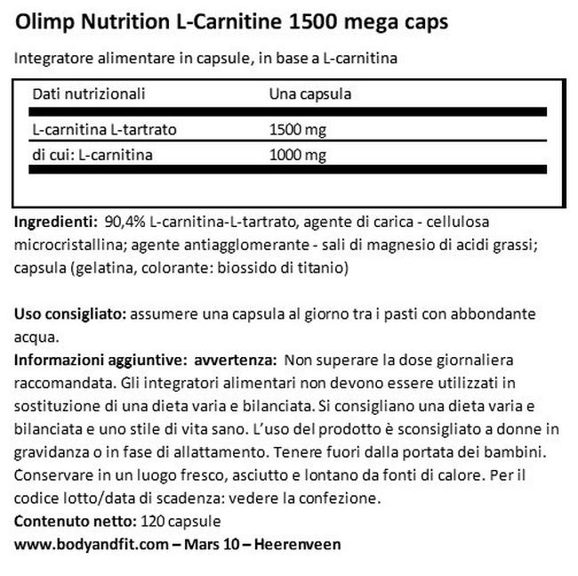 L-Carnitine 1500 Mega Caps Nutritional Information 1