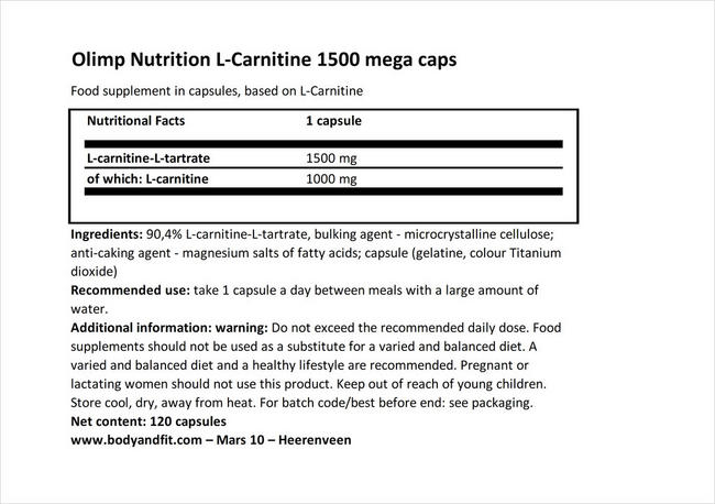 L-카르니틴 1500 메가 캡스 Nutritional Information 1