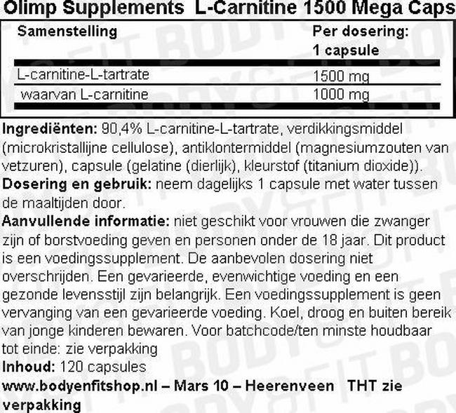 L-Carnitine 1500 Mega Caps Nutritional Information 1