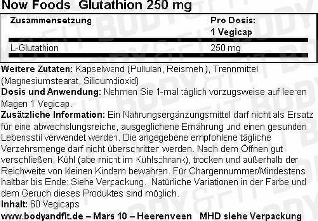 Glutathione 250mg Nutritional Information 1