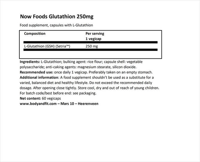 Glutathione 250mg Nutritional Information 1