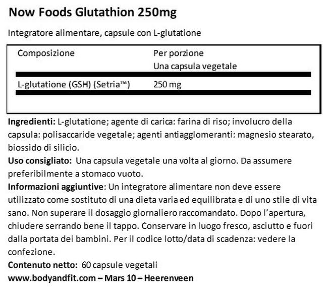 Glutanione 250 mg Nutritional Information 1