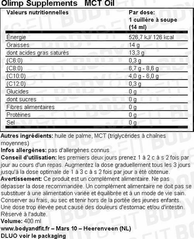 Huile MCT Nutritional Information 1