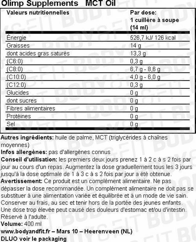 Huile MCT Nutritional Information 1