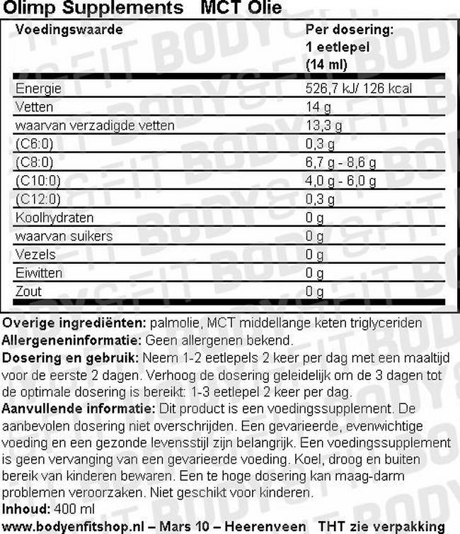MCT Olie Nutritional Information 1