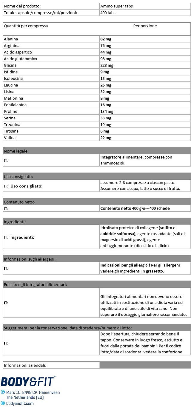Amino Super Tabs Nutritional Information 1
