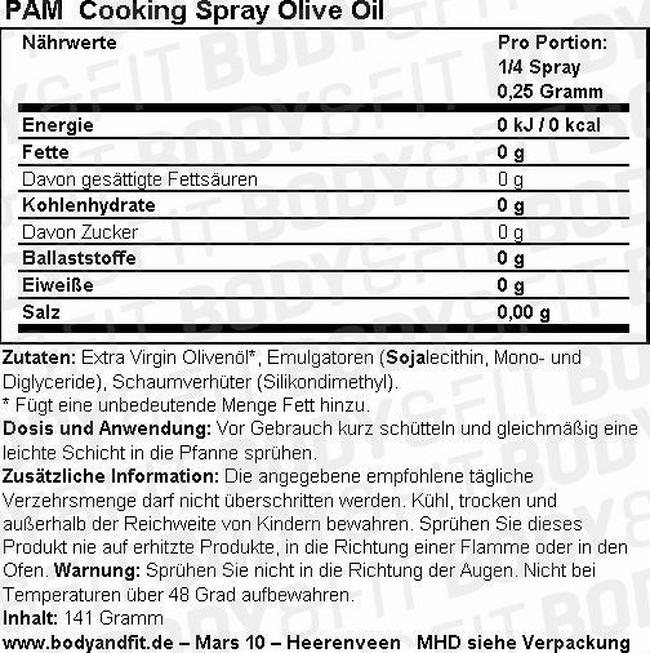 Cooking Spray Olivenöl Nutritional Information 1