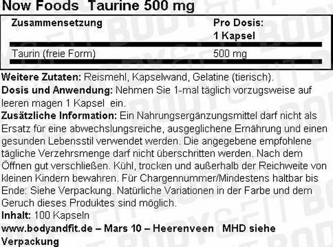 Taurin 500mg Nutritional Information 1