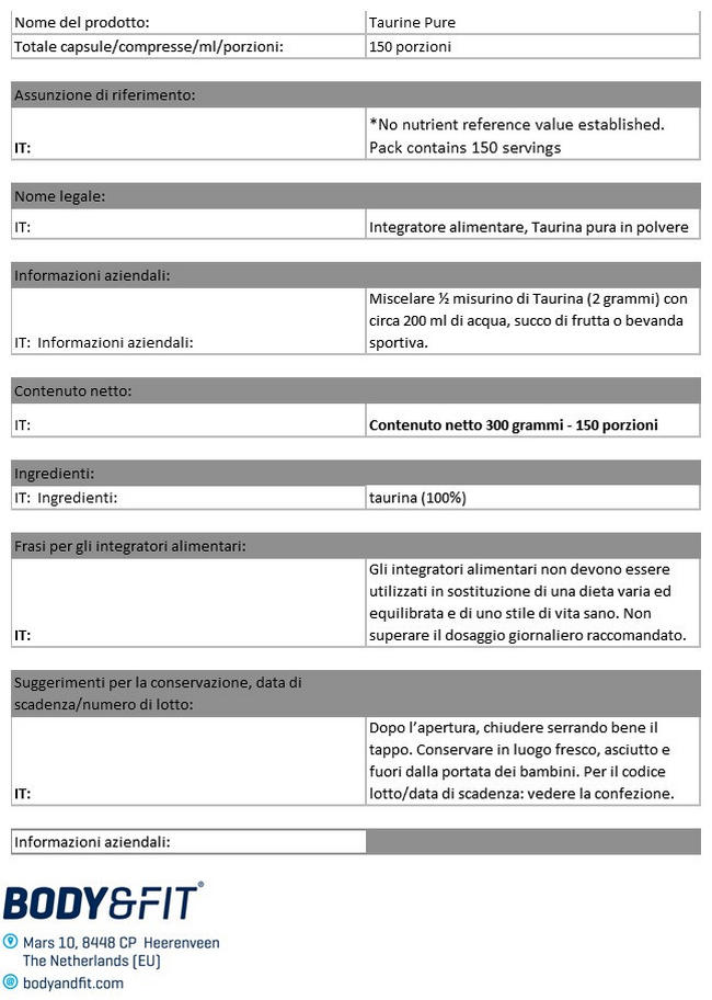 Taurina Nutritional Information 1