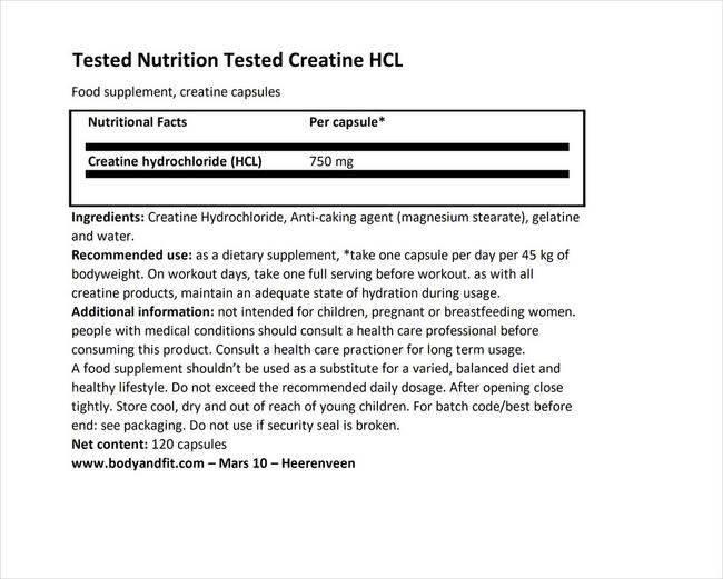 テステッド クレアチンHCL Nutritional Information 1