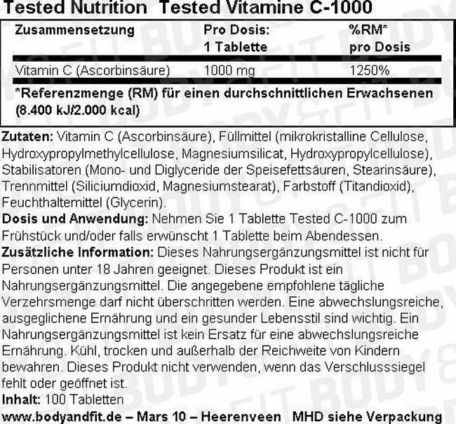 Tested Vitamine C-1000 Nutritional Information 1