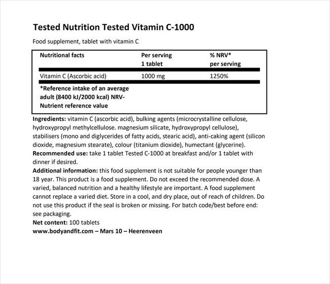 Tested Vitamin C-1000 Nutritional Information 1
