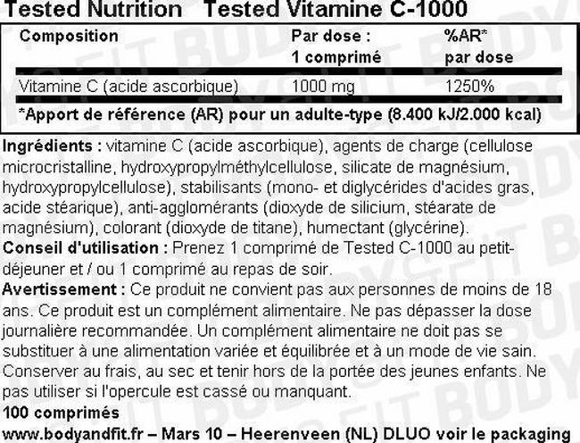 Comprimés Tested Vitamin C-1000 Nutritional Information 1